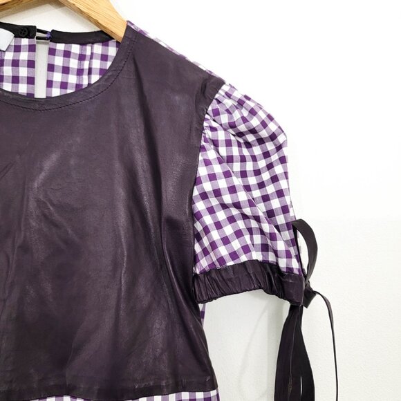 Vintage Yves Saint Laurent Purple Gingham Plaiand Leather Tie Shoulder Blouse XS - Picture 2 of 11